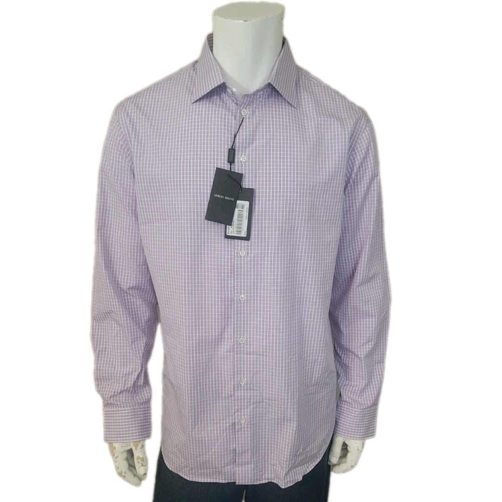 NWT $445 Giorgio Armani Mens Long Sleeve Dress Shirt Purple Checkered Size 17 